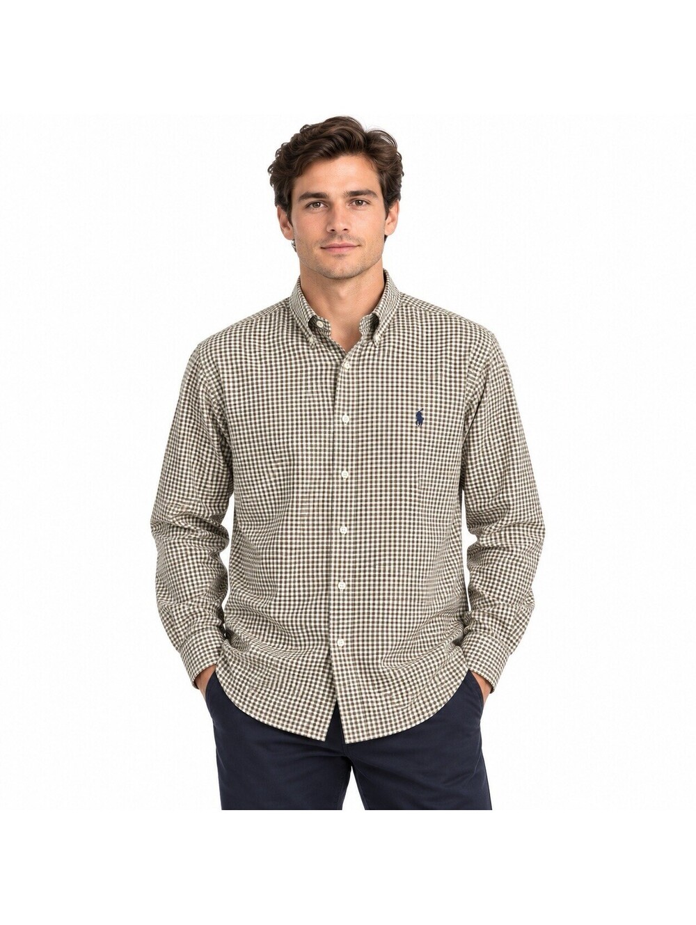Ralph Lauren Classic Fit 100% Cotton Olive And Brown Gingham Button Shirt L